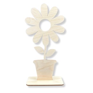 Kwiat Drewniany Kwiatek Stojący na Podstawce w Doniczce Dekor Eko DIY 15cm