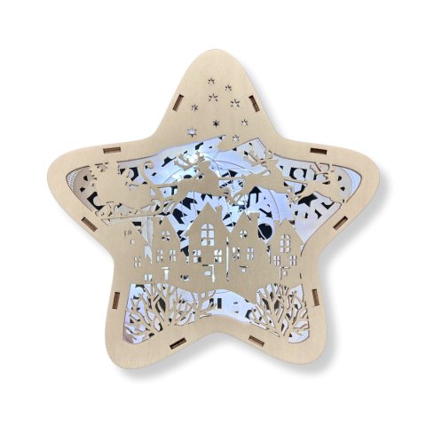 Lampion Drewniany Świąteczny Gwiazda - sanie Mikołaja nad miastem + LAMPKI Lampion Drewniany Świąteczny Gwiazda - sanie Mikołaja nad miastem + LAMPKI