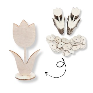 Drewniany Tulipan 12 cm ZESTAW 50 SZT Kwiat Stojący na Podstawce Dekor