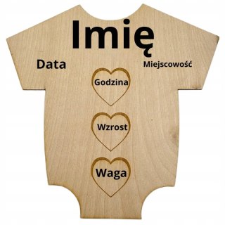 Drewniana Metryczka Dziecięca BODY Pamiątka Imię Data Miejscowość Waga Eko