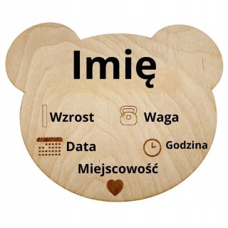 Drewniana Metryczka Dziecięca MIŚ Personalizacja Imię Waga Wzrost Data Godz.