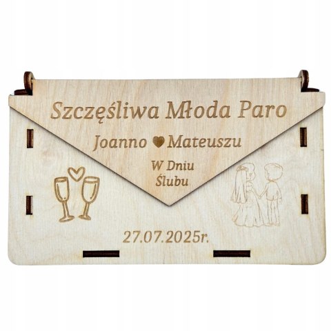 Drewniane Pudełko Koperta na Pieniądze ŚLUB WESELE z Życzeniami Grawer Eko