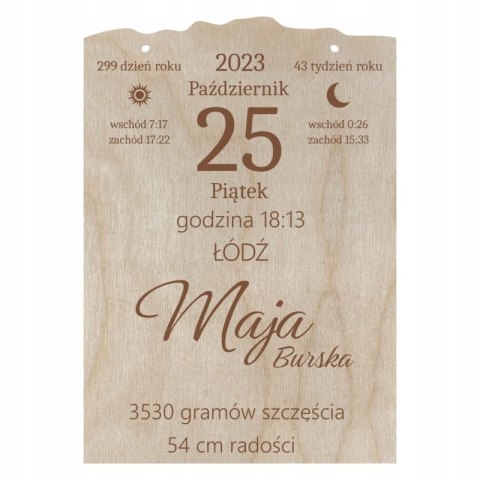 Metryczka Dziecka Kartka z Kalendarza Narodziny Pamiątka Drewniana Personalizowana