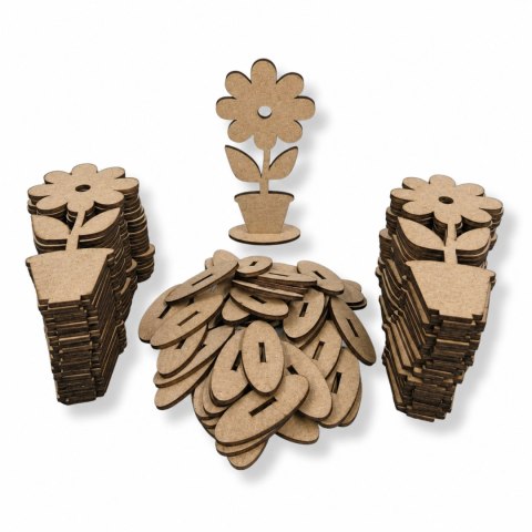 Drewniany Kwiatek Kwiat Kwiatki 15 cm w Doniczce 50 SZTUK do Ozdabiania SUROWY