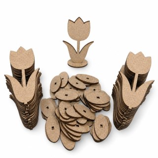 Drewniany Tulipan 15,8 cm Kwiat Stojący na Podstawce 50 SZTUK SUROWY Kwiatek