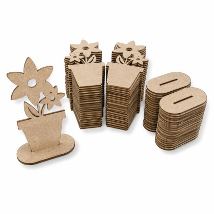 Kwiat Drewniany Kwiatek Kwiatki w Doniczce na Podstawce 50 SZTUK SUROWY 14 cm